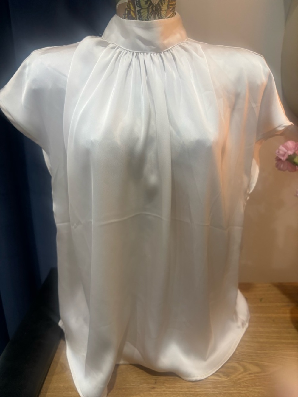 H&M White Satin High-Neck Cap-Sleeve Blouse